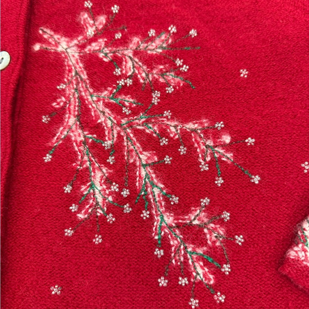 VTG Susan Bristol Wool Sweater Cardigan Medium Red Floral Beaded Cottage Granny - Picture 3 of 9